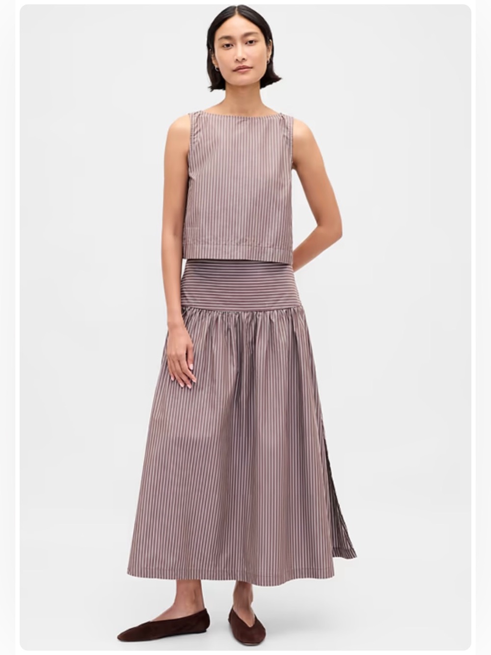 Gap | Poplin Drop-Waist Maxi Skirt Top Set Brown Stripe Sleeveless | XL